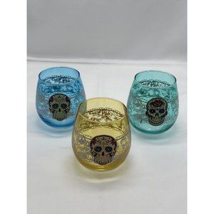 Three Hand Painted Sugar Skull Stemless Wine Glasses Bottom Weighted